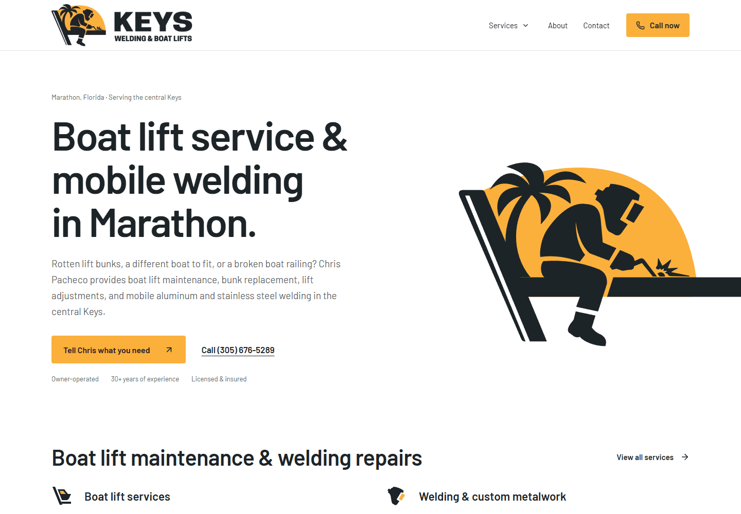 Keys Welding and Boat Lifts website introducing boat lift services and custom welding in the Florida Keys